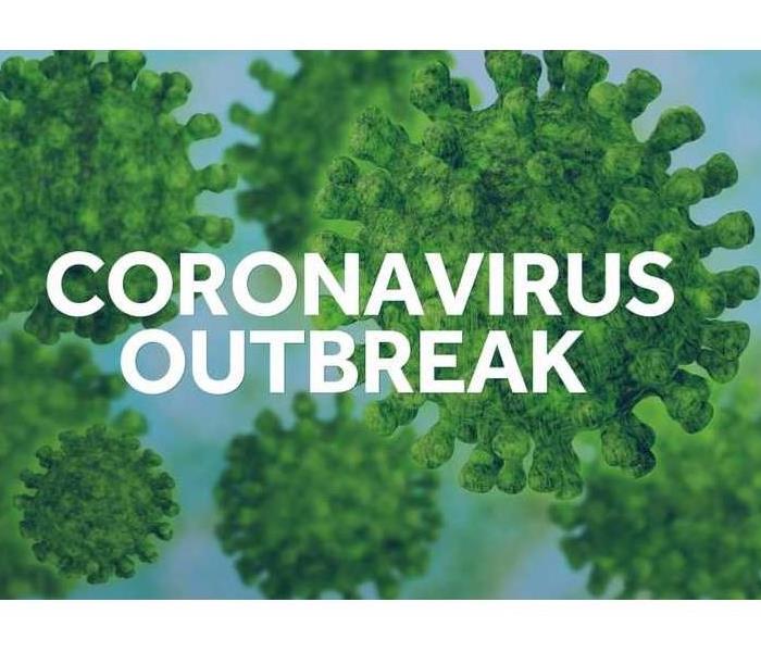 Blue background with green bacteria molecules. Text says "Coronavirus Outbreak"